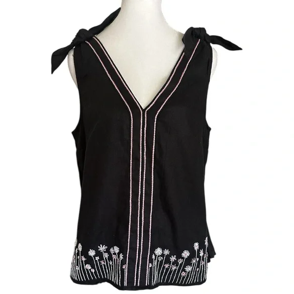 J Crew Women's Black Sleeveless Light Top Floral Embroidery Cottagecore Size S - Picture 1 of 6